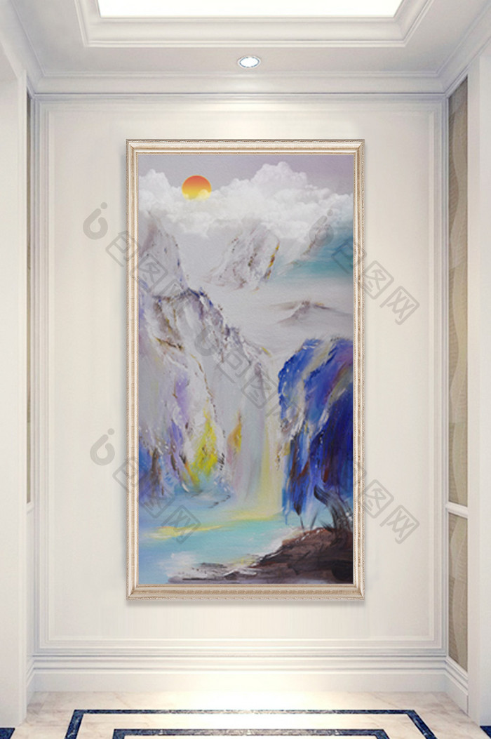 现代工笔油画风景流水高山玄关装饰画