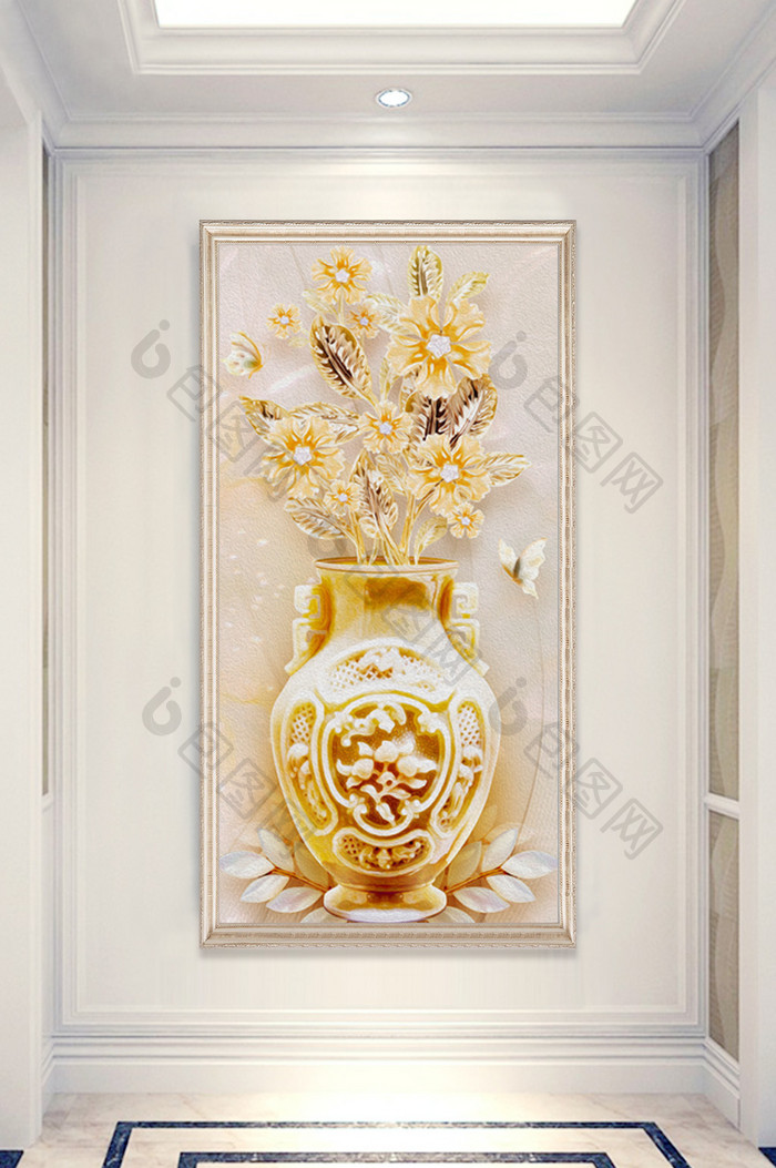 中式浮雕玉雕花瓶花卉立体玄关装饰画