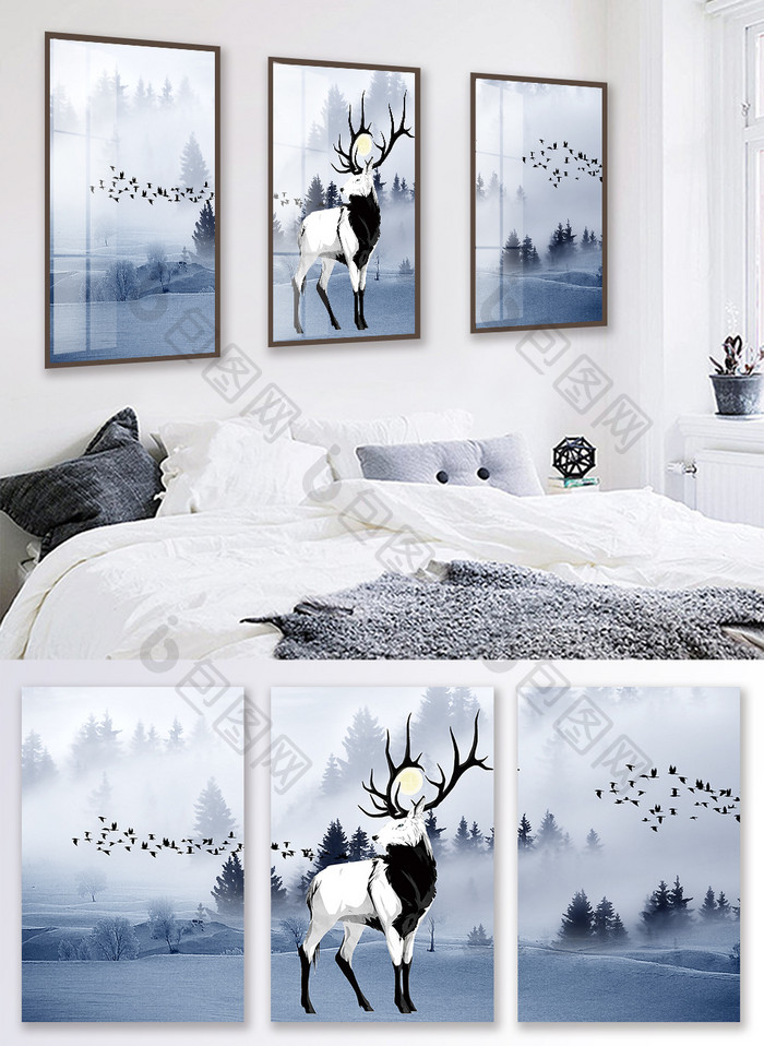 新中式北欧简约森林麋鹿装饰画