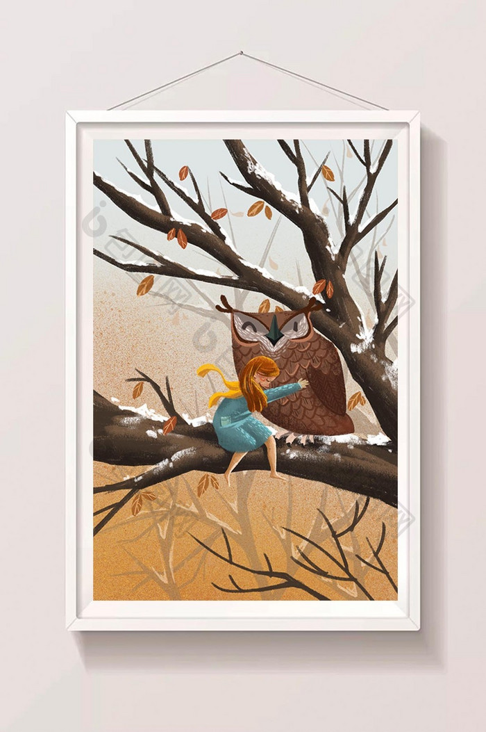 暖色卡通冬日猫头鹰女孩温树枝插画手绘素材