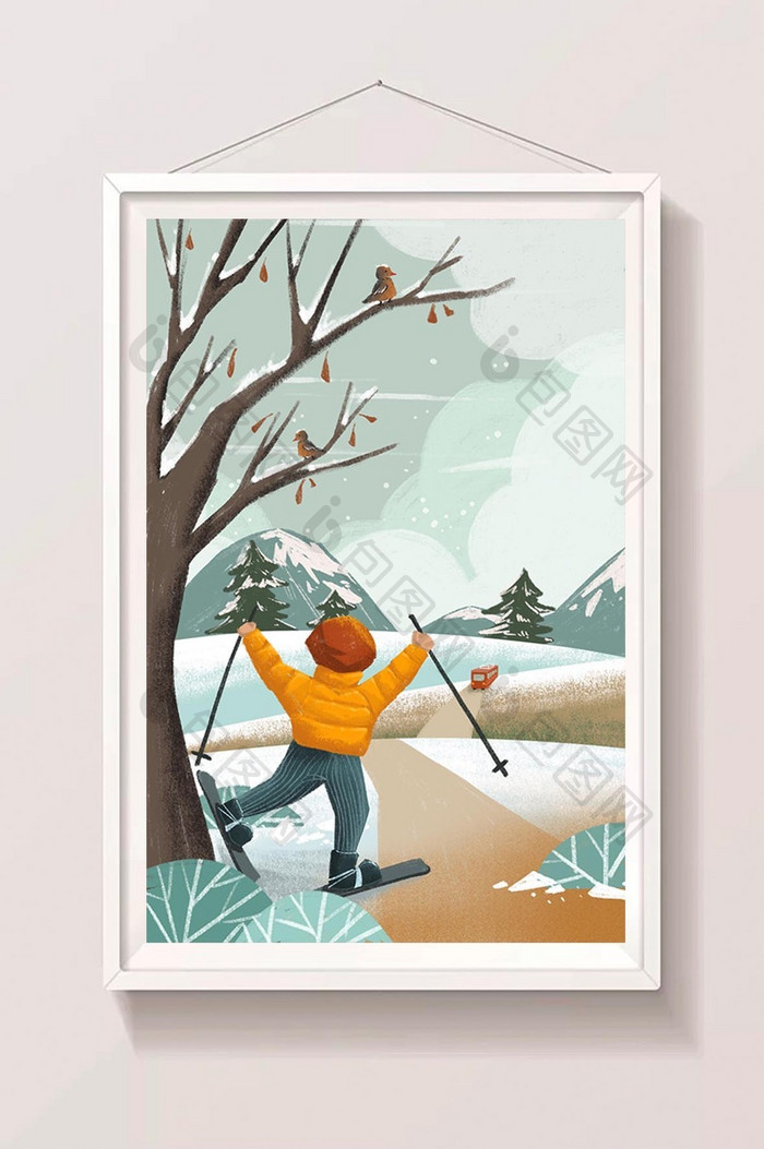 冷色冬日山坡滑雪手绘插画卡通素材