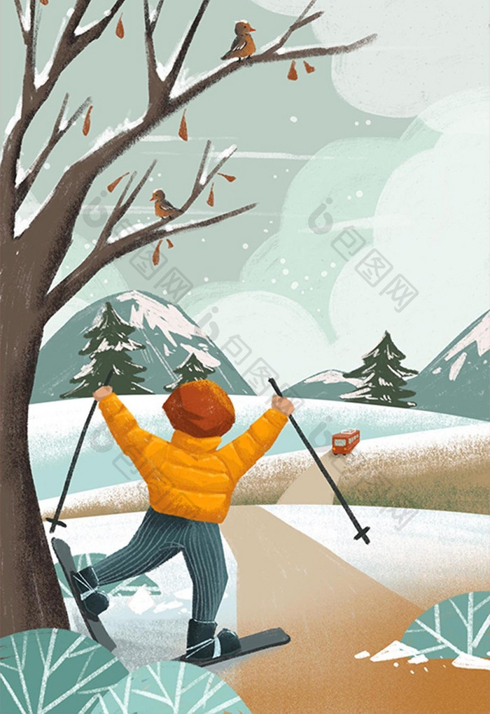 冷色冬日山坡滑雪手绘插画卡通素材