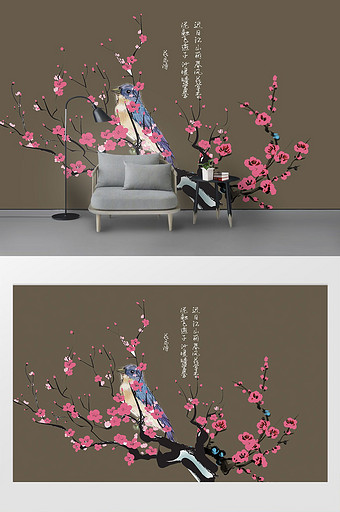 新中式手绘高清工笔画花鸟背景墙图片