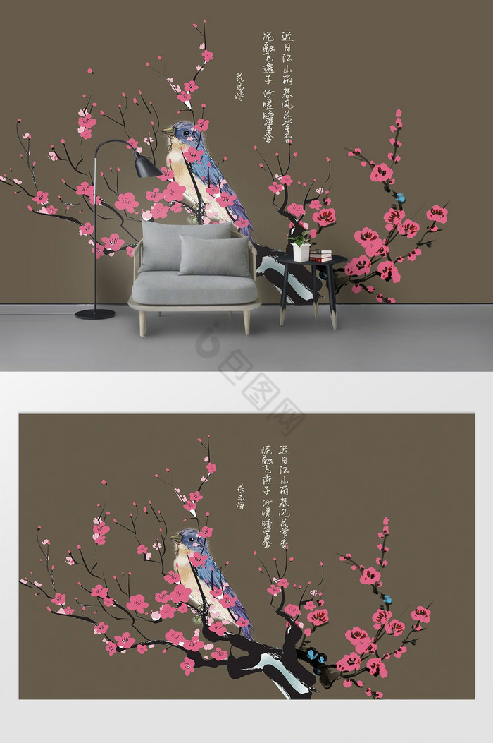 新中式手绘高清工笔画花鸟背景墙图片