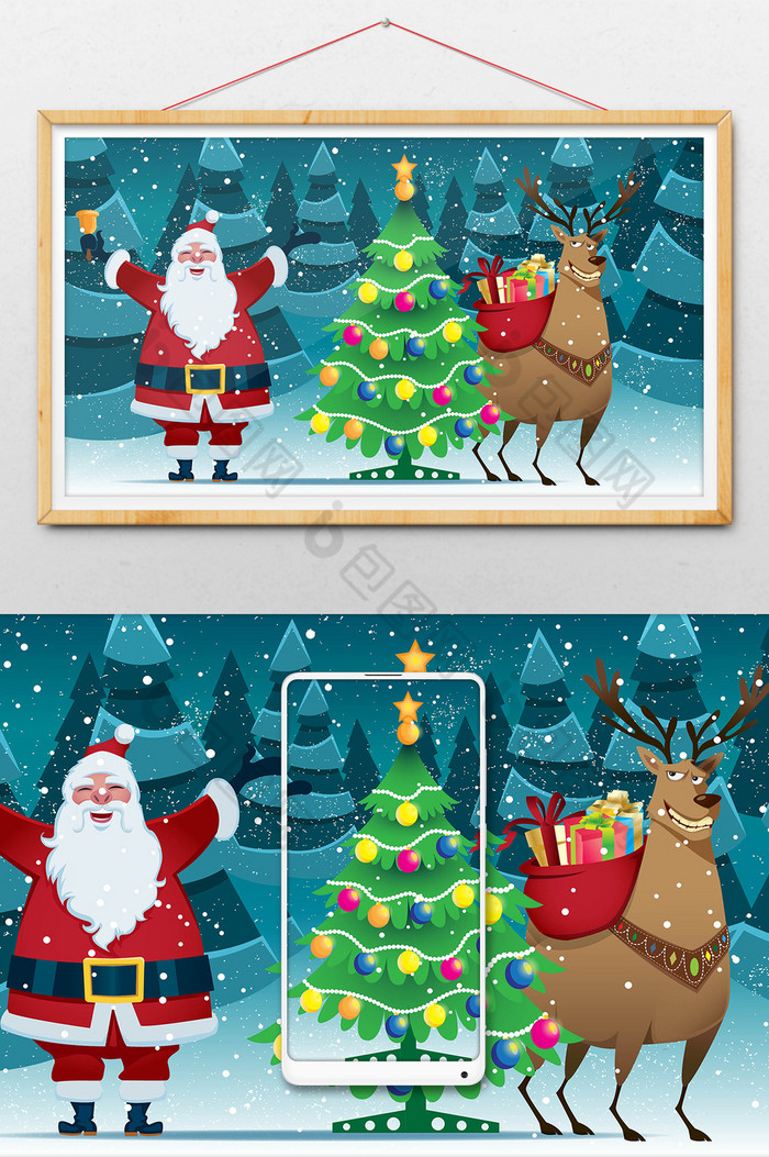圣诞节圣诞老人驯鹿礼物插画图片图片