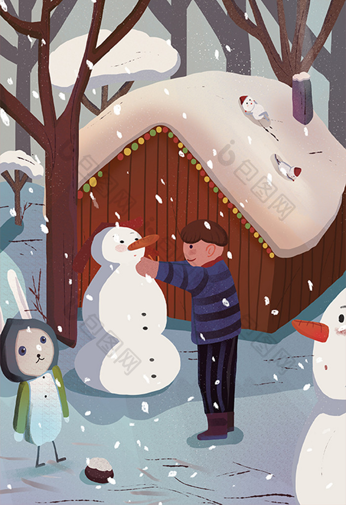 冬至雪景堆雪人唯美手绘卡通插画