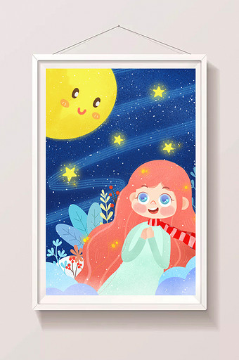 清新唯美冬季之夜少女星星插画图片