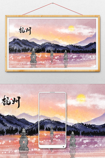中国风杭州标志性旅游建筑三潭印月插画图片