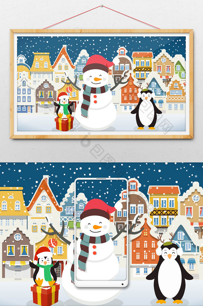 手绘圣诞节企鹅雪人礼物插画