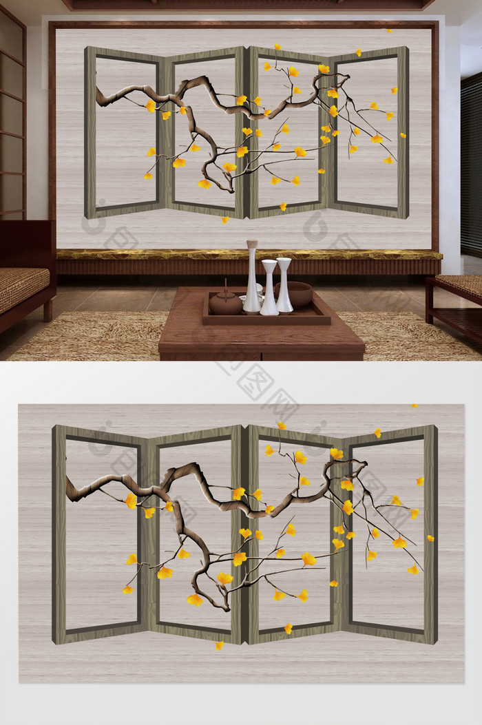 手绘银杏工笔花鸟新中式背景墙装饰画