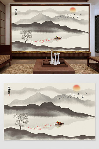 新古典中式壁纸客厅山水画背景墙图片