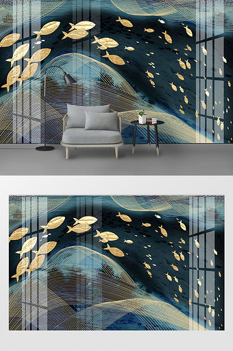 轻奢现代简约金色晶瓷画遨游背景墙客厅装饰图片