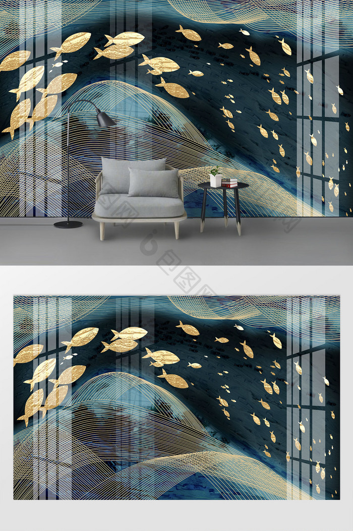 轻奢现代简约金色晶瓷画遨游背景墙客厅装饰