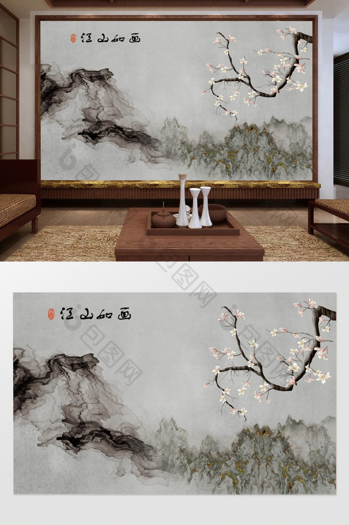 海棠花新中式手绘工笔花鸟背景墙