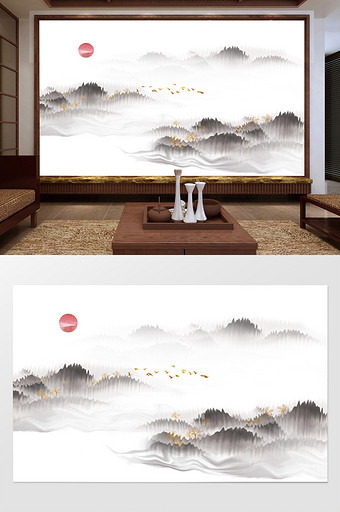 新中式抽象水墨山水背景墙壁画图片