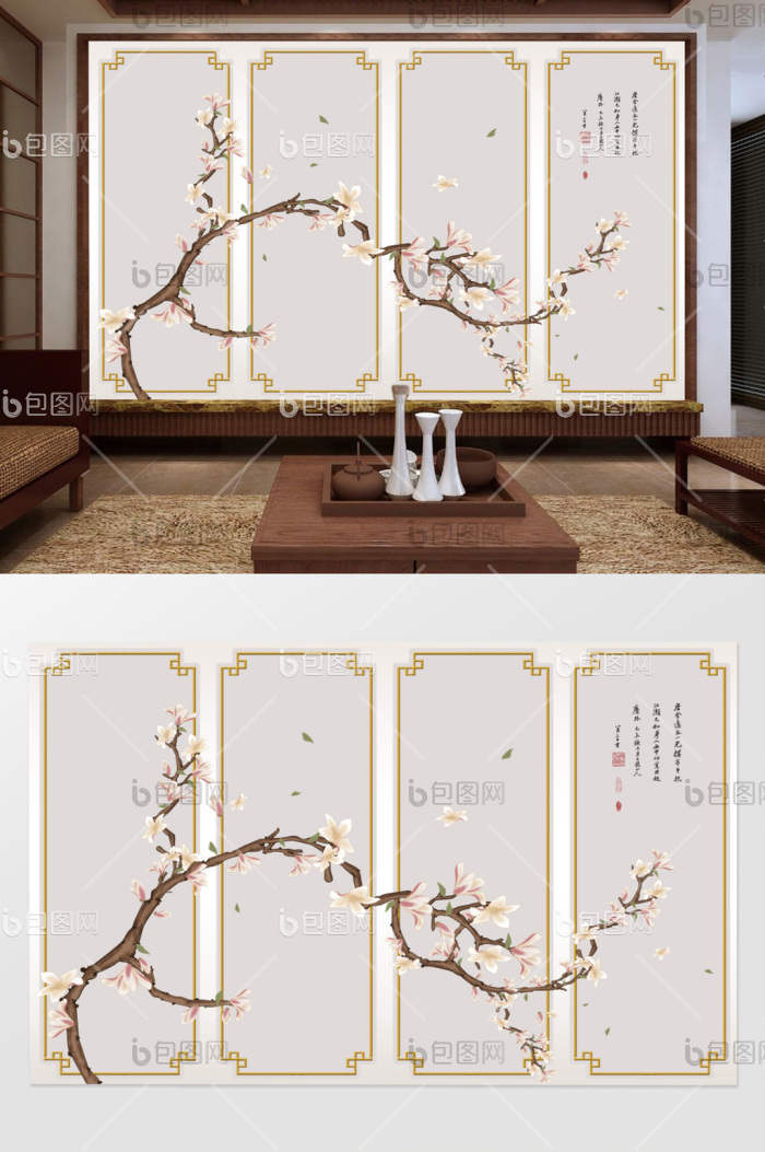 新中式梅花手绘工笔花鸟山水背景墙效果图-【包图网】