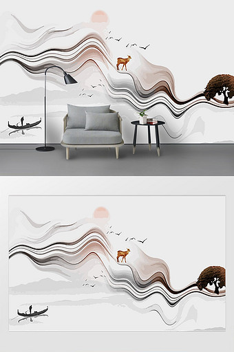 新中式抽象烟雾线条意境山水电视背景墙图片