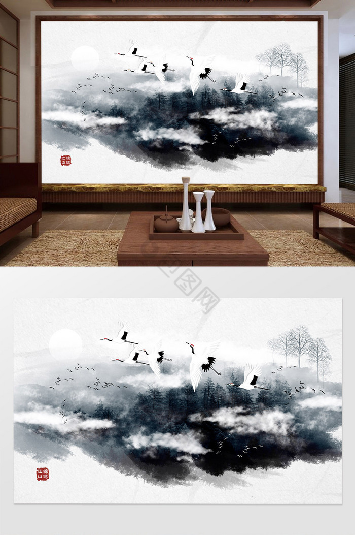 中式水墨手绘意境淡雅意境山水电视背景墙图片