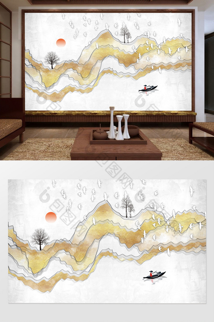 新中式金色抽象线条山水风景电视背景墙