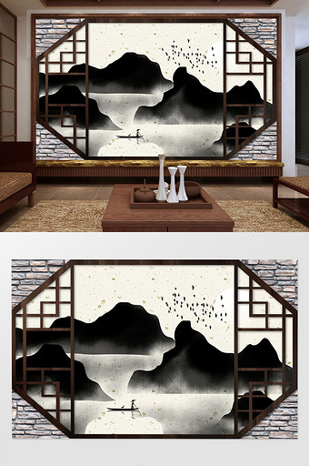 中式水墨窗格手绘山水电视背景墙图片