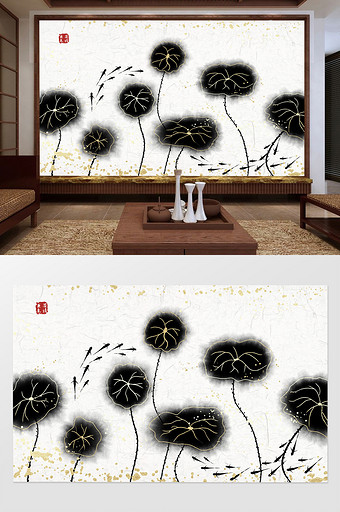 中式中国风水墨荷叶鱼群电视背景墙图片