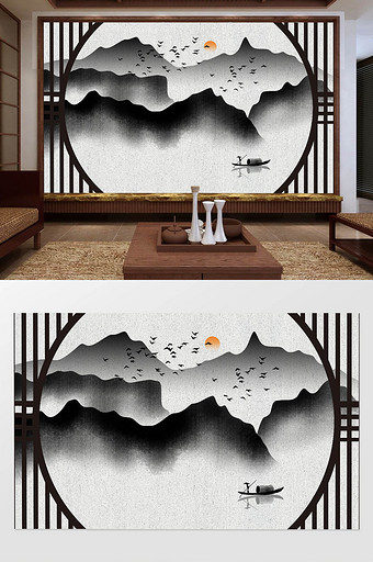 中式手绘水墨山水窗格禅意电视电视背景墙图片