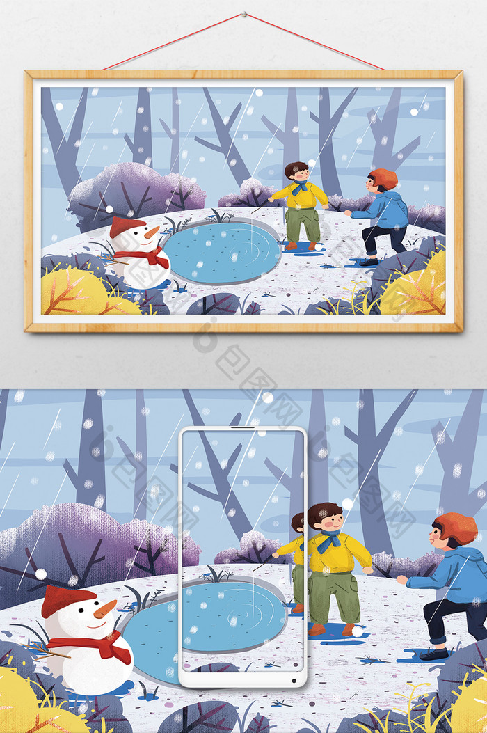 清新冬日雪景小孩堆雪人打雪仗插画