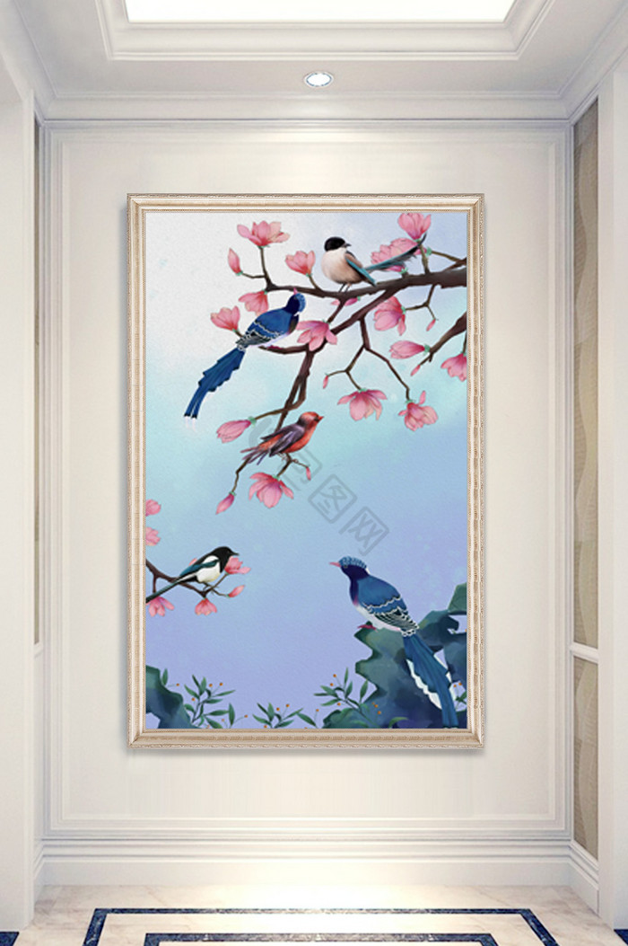 中式手绘油画唯美花卉小鸟玄关装饰画图片