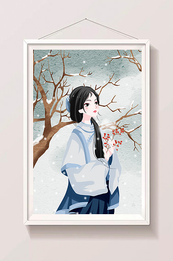 中国风蓝色冬天大雪小雪节气十二月美女插画图片