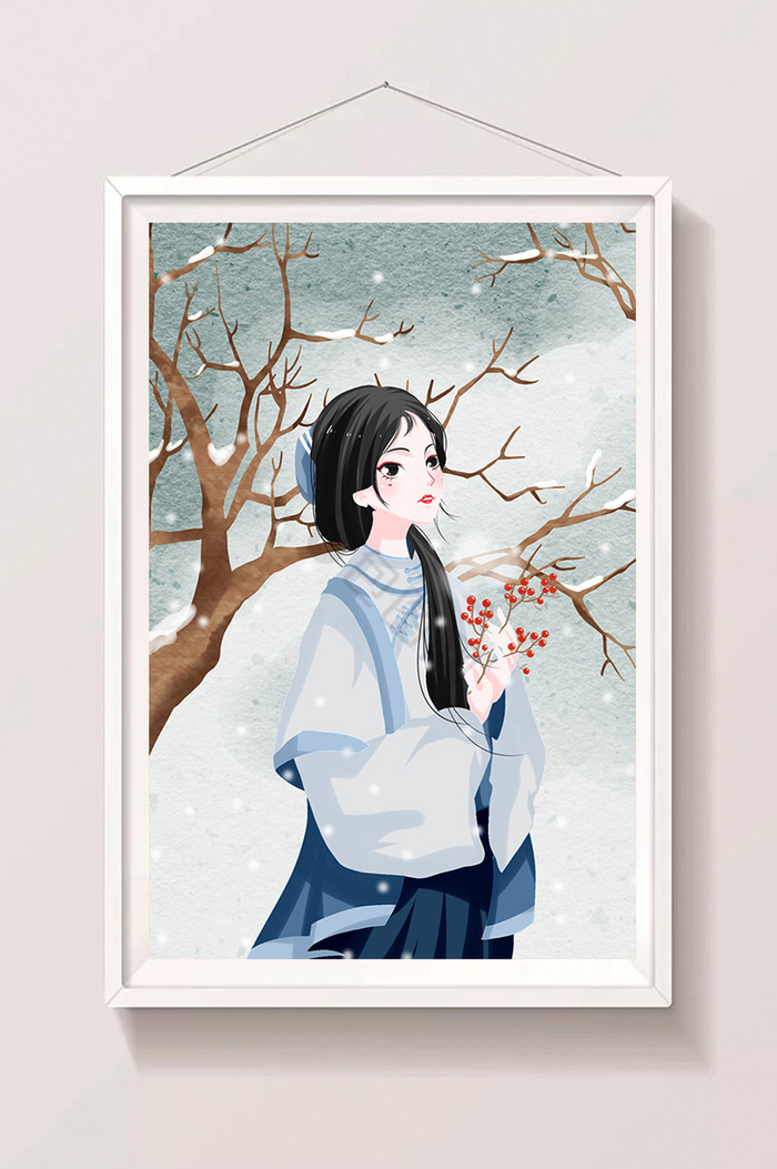 冬天大雪小雪节气十二月美女插画图片