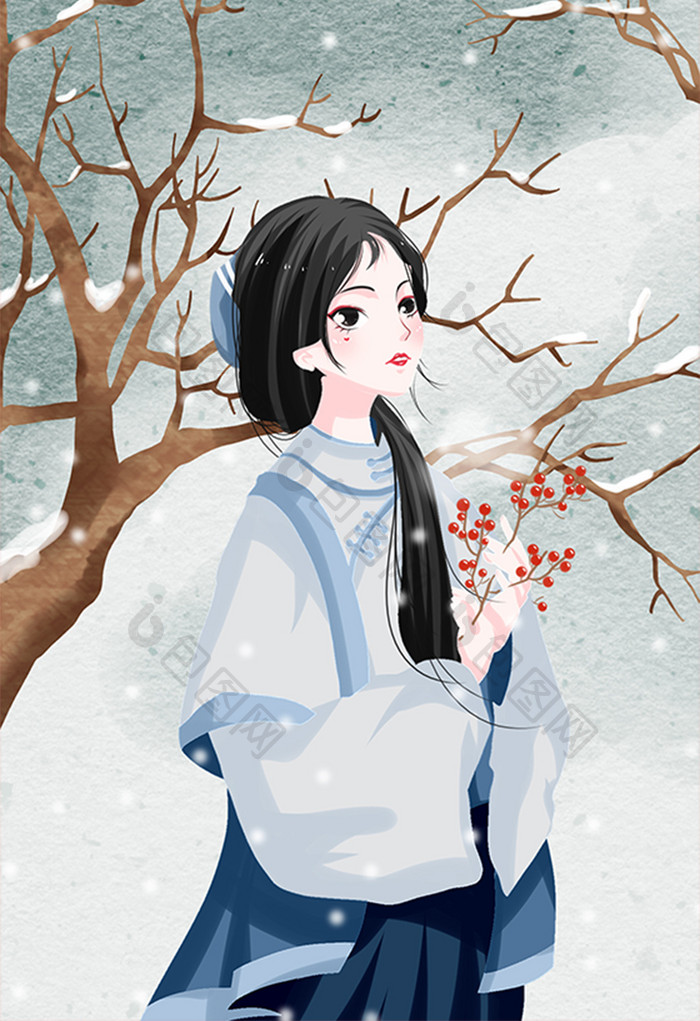 中国风蓝色冬天大雪小雪节气十二月美女插画