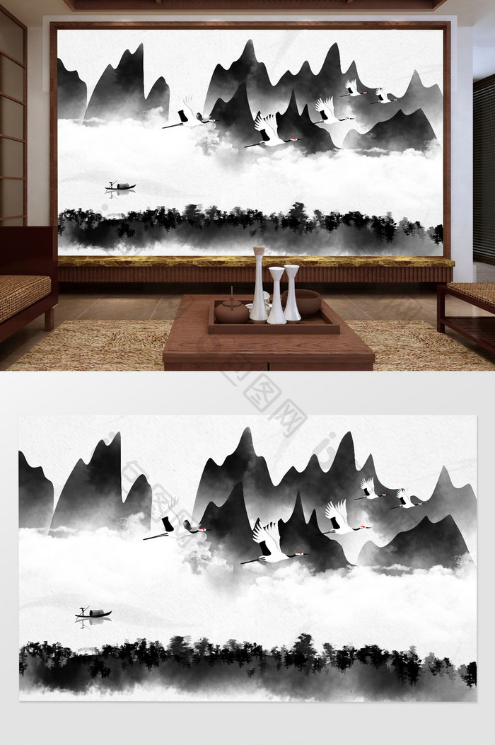 中国风水墨山水画仙鹤风景电视背景墙