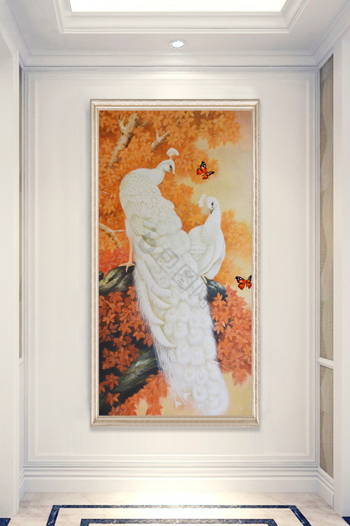 中式手绘油画唯美森林孔雀蝴蝶玄关装饰画图片