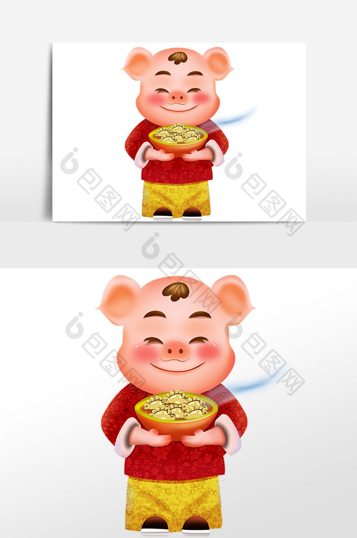 手绘春节金猪吃饺子插画素材