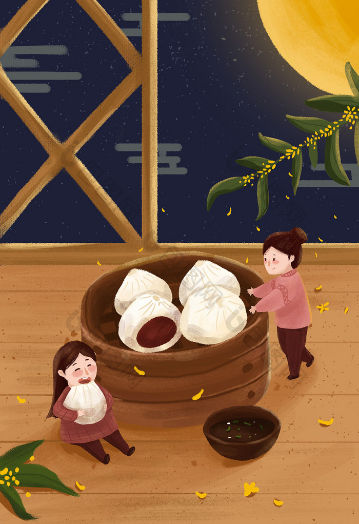 中国风传统节日下元节习俗插画