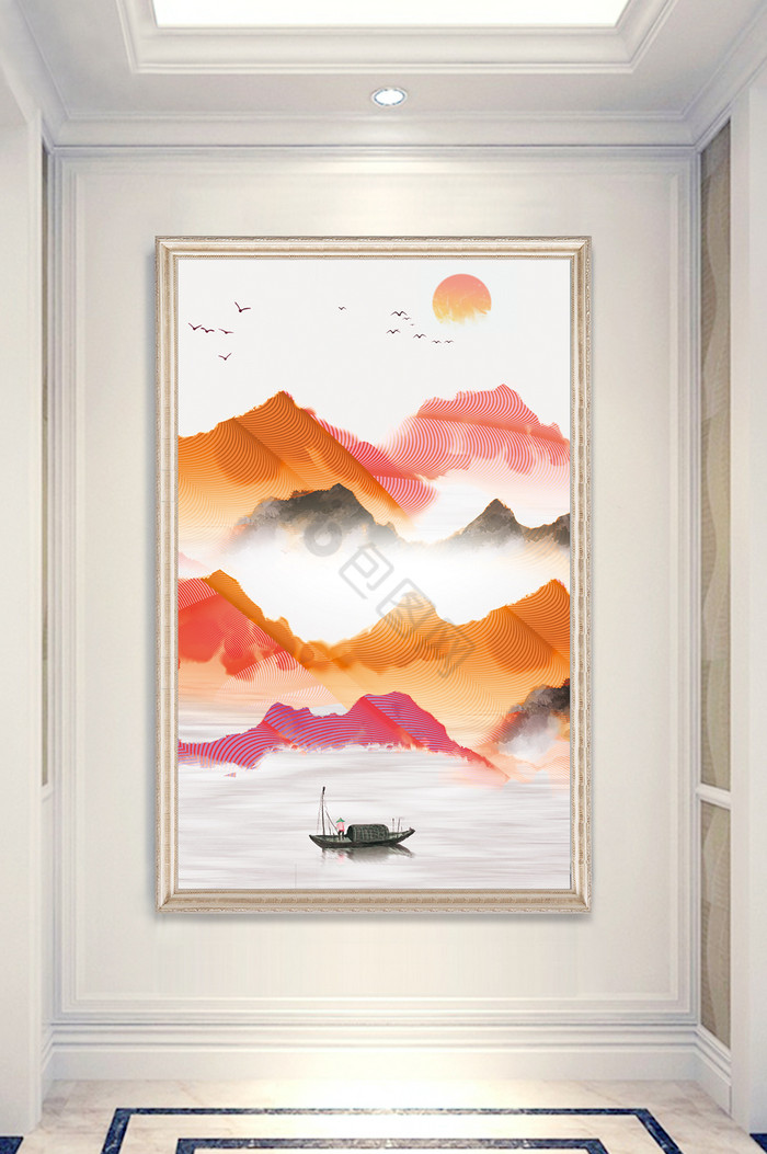 山水抽象小船红日背景墙图片