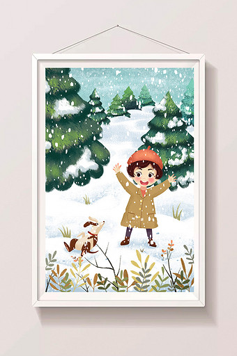 白色绿色雪地森林小孩小狗玩耍手绘插画图片