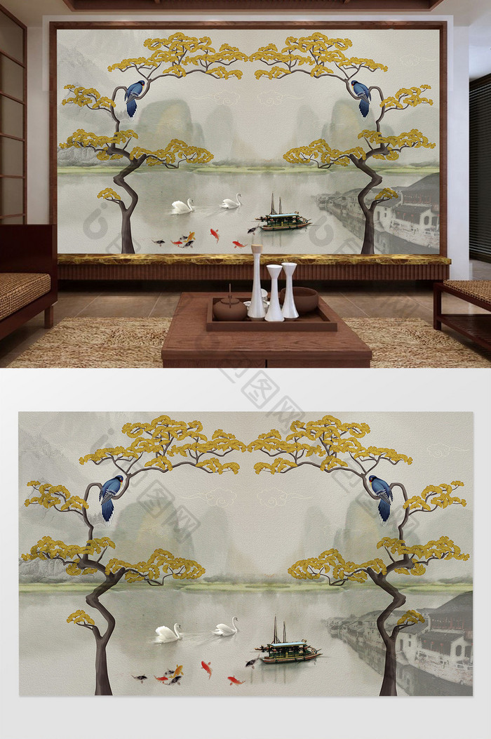 中式手绘银杏树花鸟禅意江南风景电视背景墙