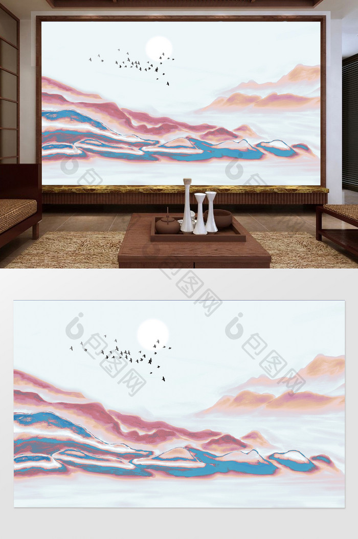 新中式彩色水墨抽象山水日出背景墙