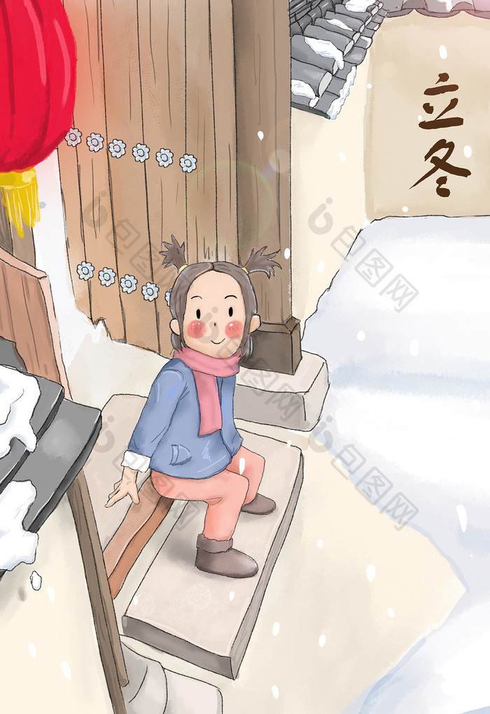 二十四24节气立冬大雪小雪灯笼古屋插画