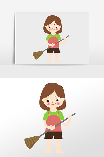 可爱卡通小女生打扫卫生扫地插画人物素材图片