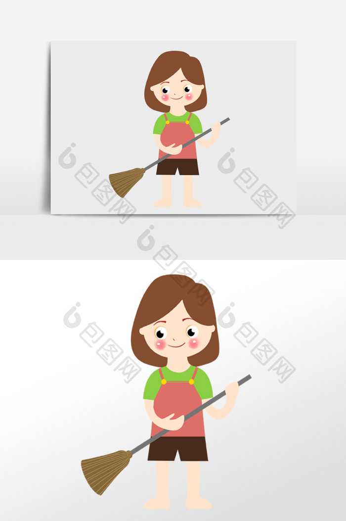 可爱卡通小女生打扫卫生扫地插画人物素材