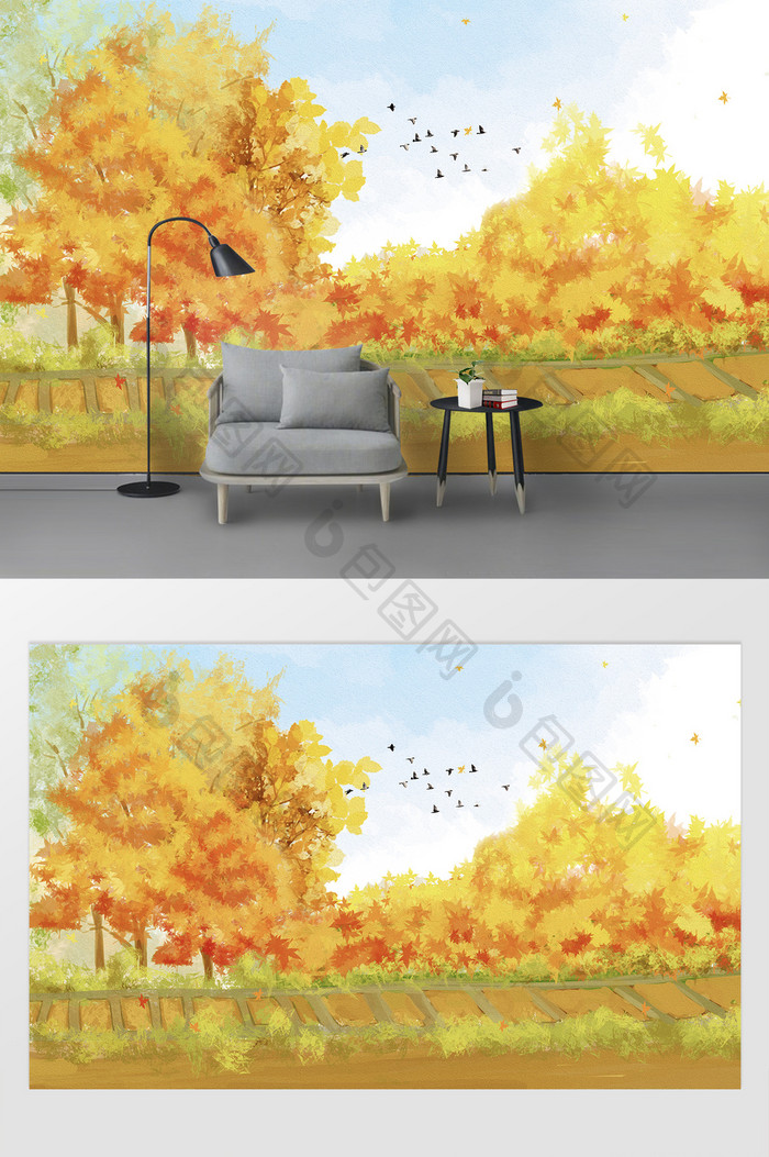 油画风格橙色枫叶风景画电视背景墙