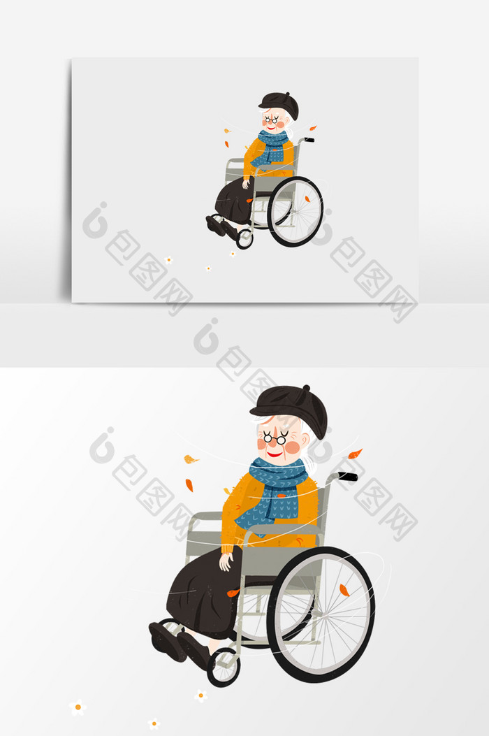手绘坐轮椅的老人插画元素
