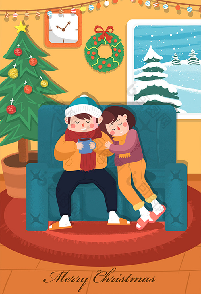 卡通冬季圣诞节室内家庭温馨插画