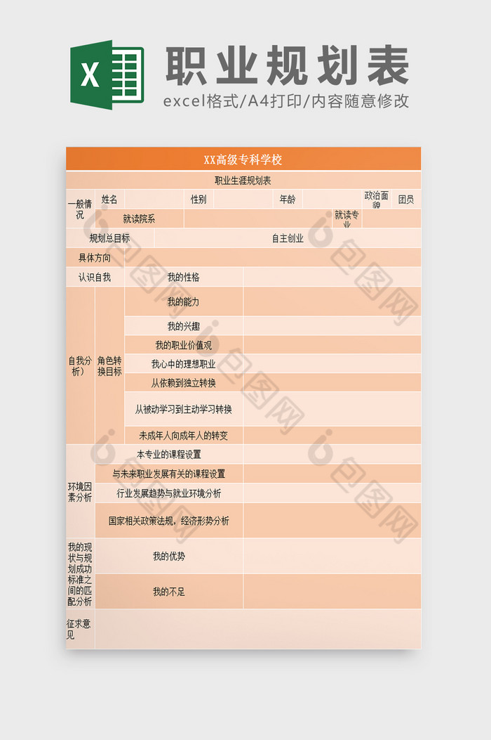 职业规划表Excel模板图片图片