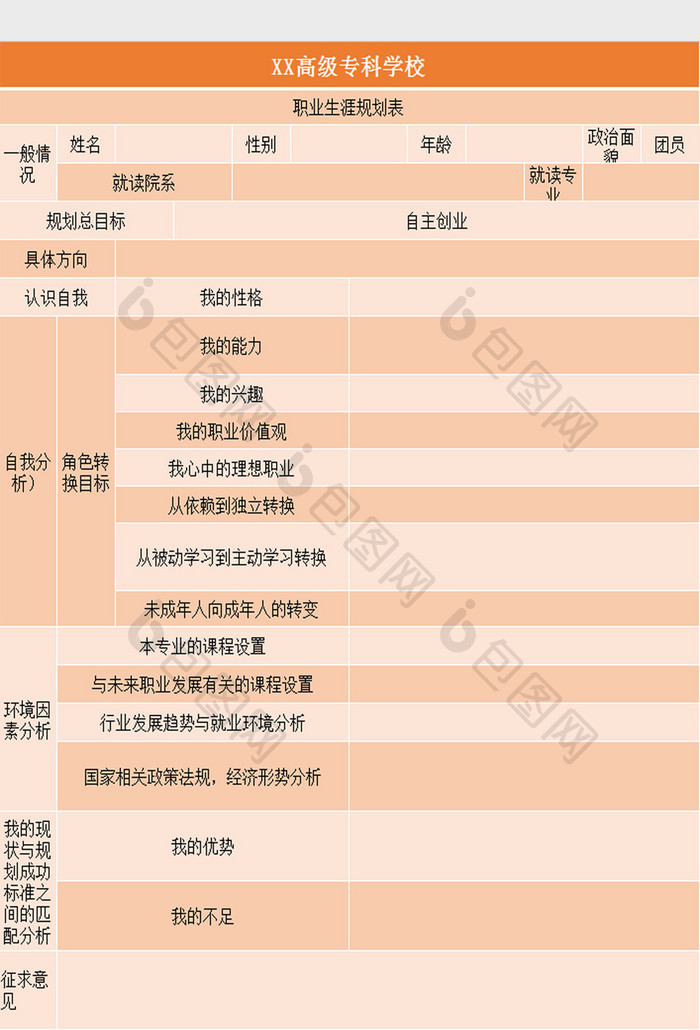 职业规划表Excel模板