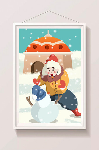 可爱卡通大雪节气男孩堆雪人插画图片