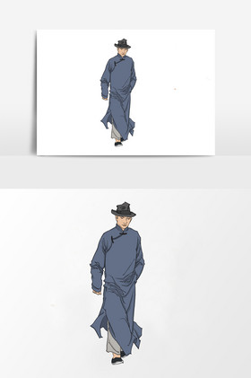 淡彩国画的民国时期穿长袍的人