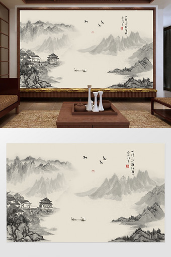 中式传统线描远山风景画小亭电视背景墙图片